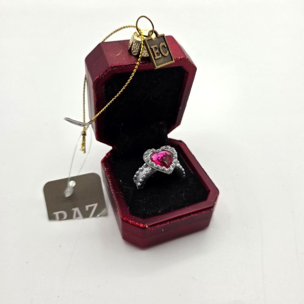 RAZ Imports Ring in Box Christmas Ornament Red Silver Heart Gem Holiday Decor